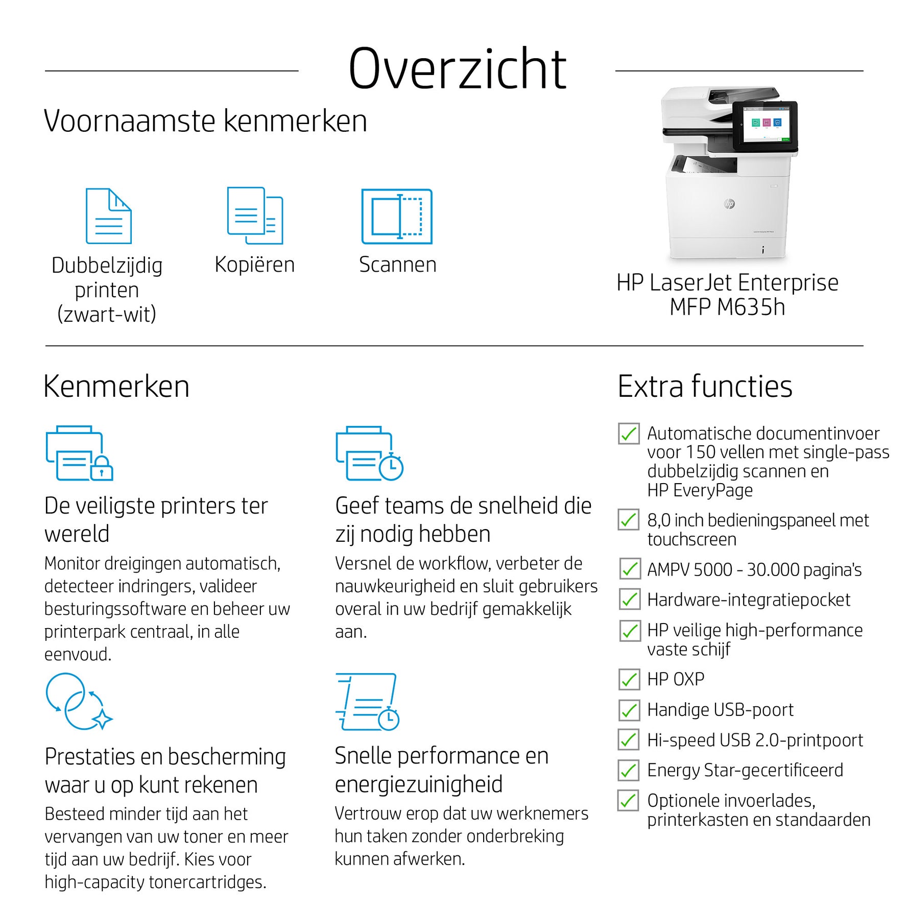 HP LaserJet Enterprise M636fh Multifunction Zwart-wit Printer, Alleen Ethernet; Kopieerapparaat, scanner
