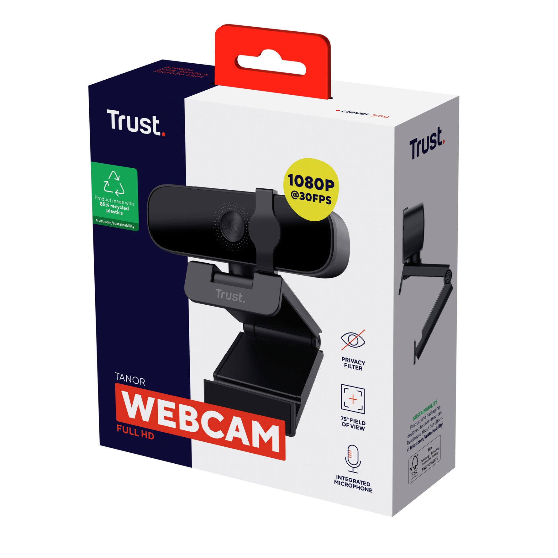 Trust Tanor Full HD Webcam – webcam – Full HD webcam met privacy‑cover – geïntegreerde microfoon – zwart