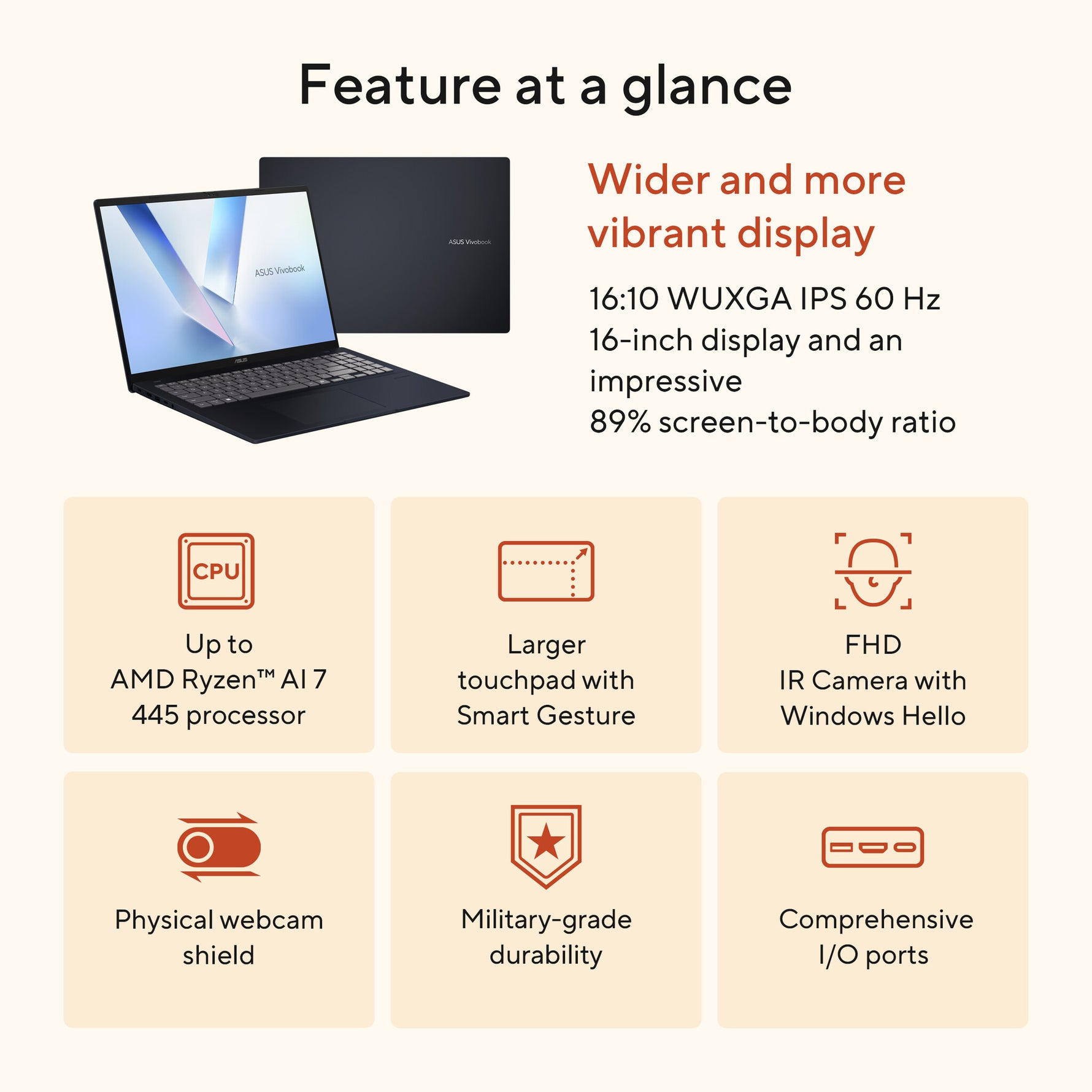 ASUS Vivobook 16 M1607GA-MB084W Copilot+ PC AMD Ryzen AI 7 445 Laptop 40,6 cm (16") WUXGA 32 GB DDR5-SDRAM 512 GB SSD Wi-Fi 6 (802.11ax) Windows 11 Home Nederlands Blauw