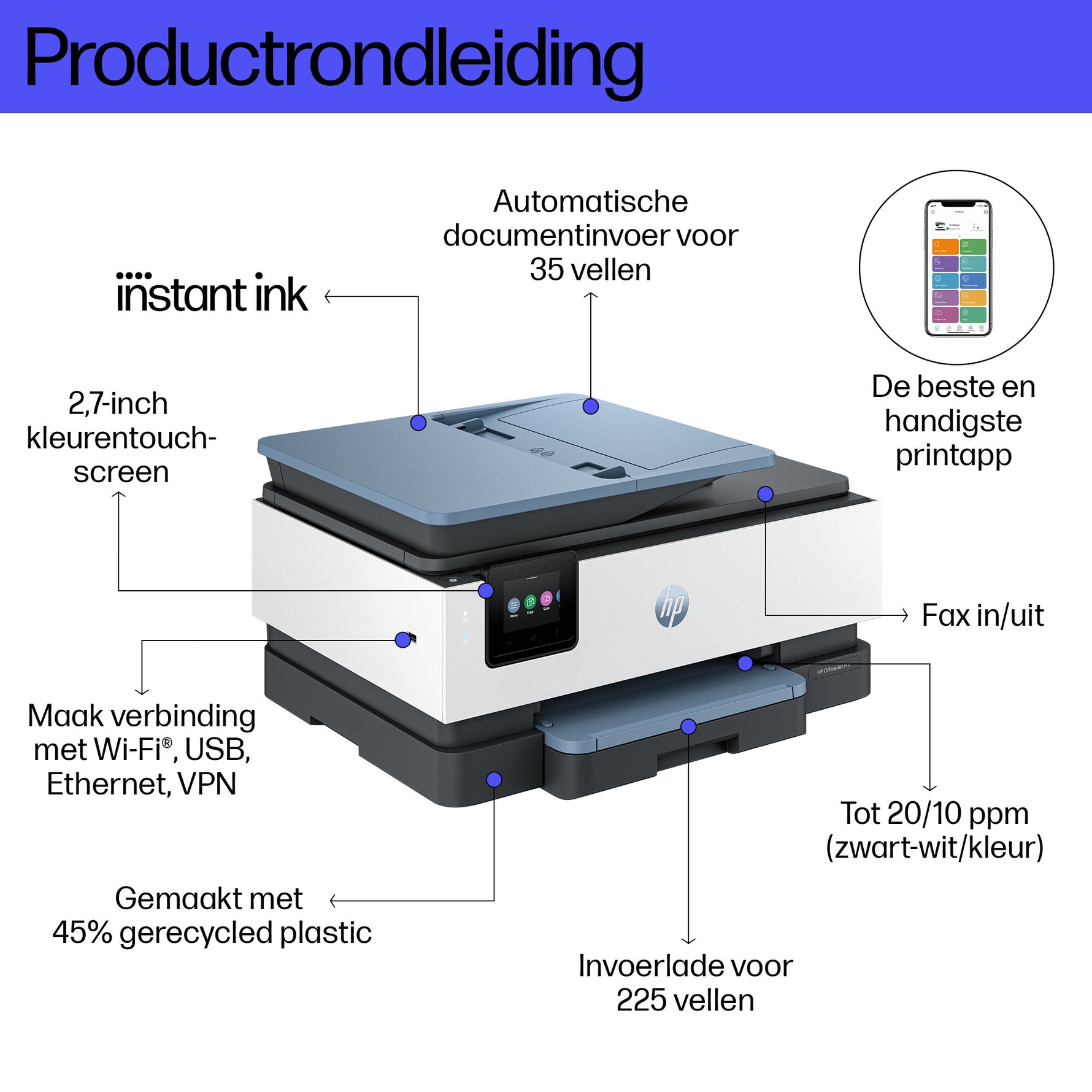 HP OfficeJet Pro 8135e Draadloos All-in-One Kleur Printer, Instant Ink; Dubbelzijdig printen